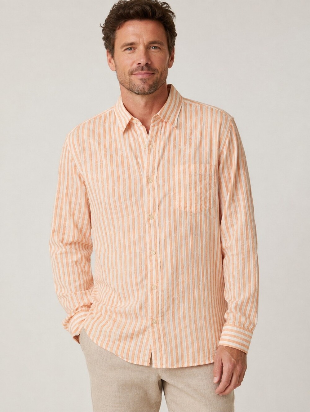 Tommy Bahama Men XL Orange White Stripe Cotton Silk Button Down Shirt Palm Tree